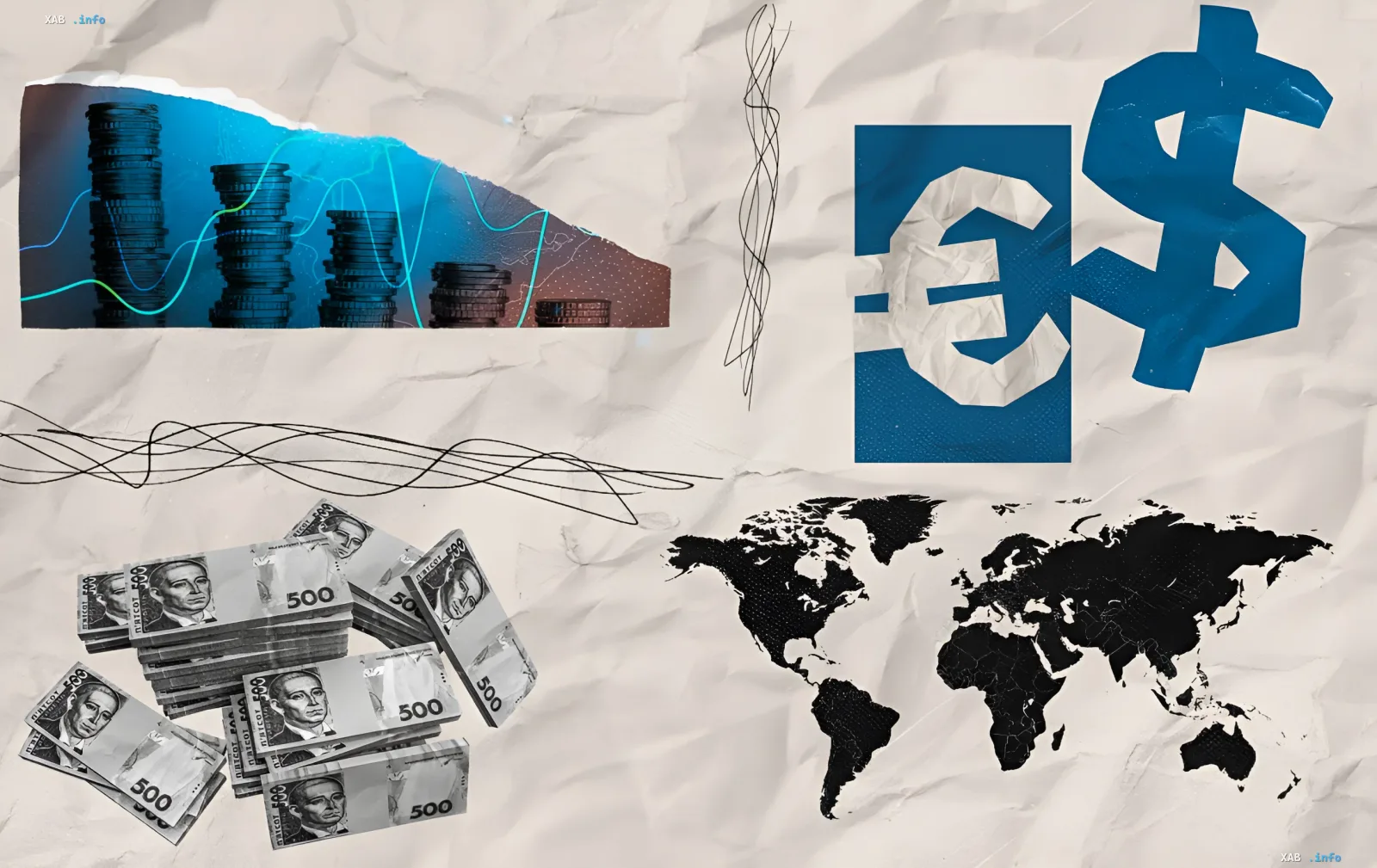 Collage with dollar and euro symbols, stacks of hryvnia bills and chart: NBU official rate July 27, dollar halted, euro falling