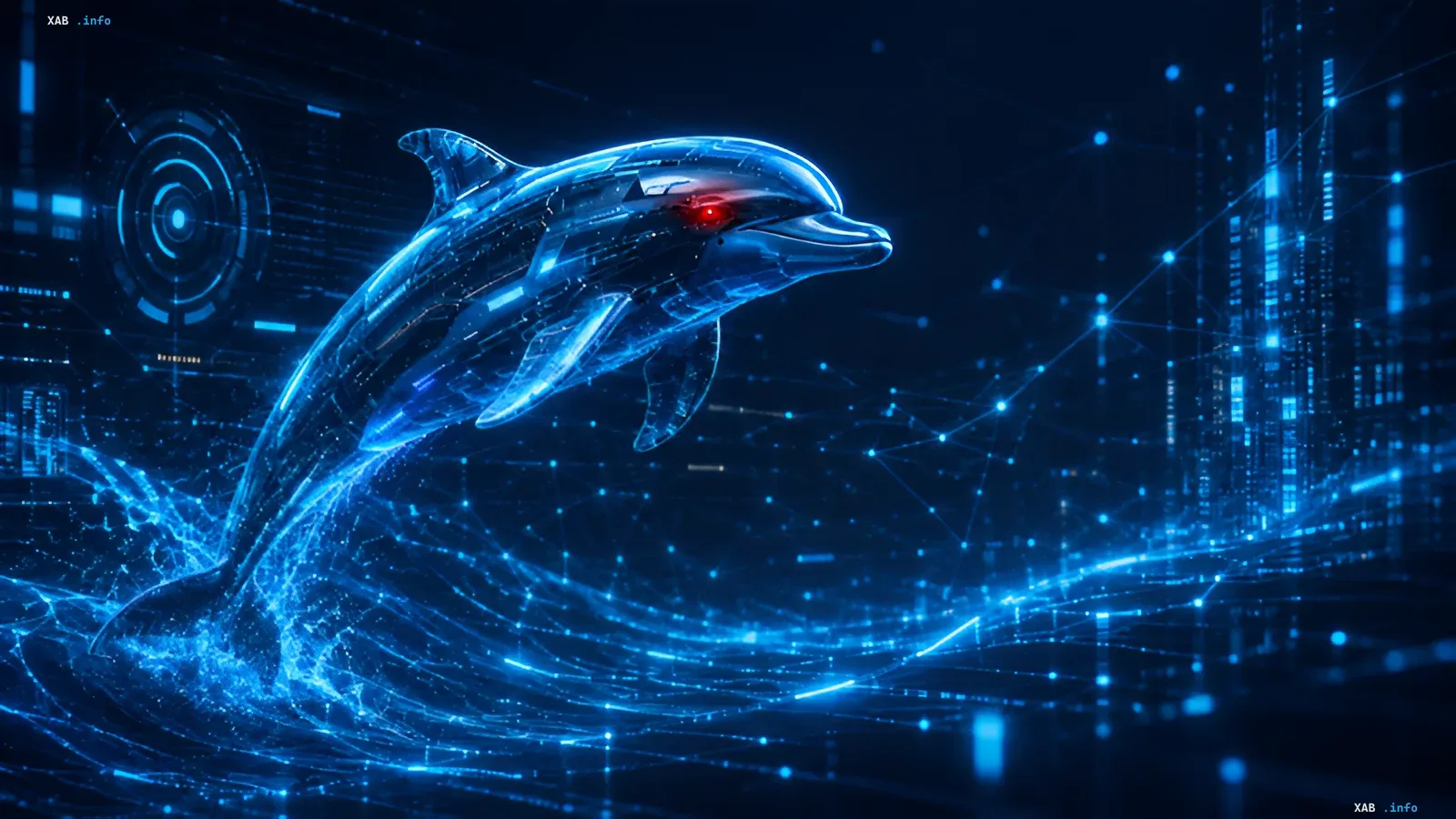 Cybernetischer Delfin Dolphin X mit rotem Auge im digitalen Raum — Symbol eines KI-gesteuerten Trojans, der Opfer auswählt
