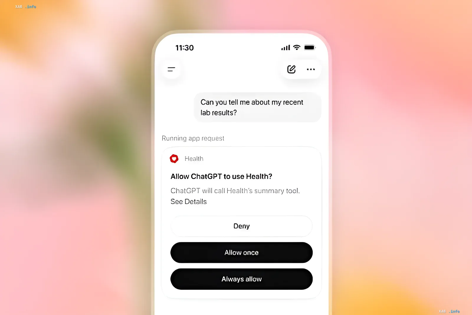 Интерфейс ChatGPT Health на iPhone с запросом разрешения доступа к медицинским данным для анализа лабораторных результатов