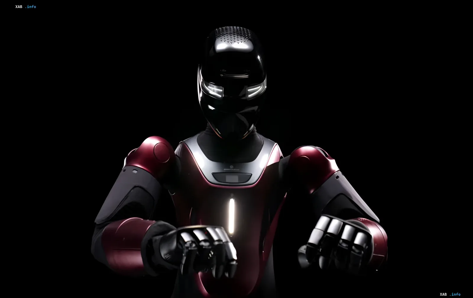 Robot Gene.01 with artificial skin in a red and black body, showcasing advanced safety technologies for factories