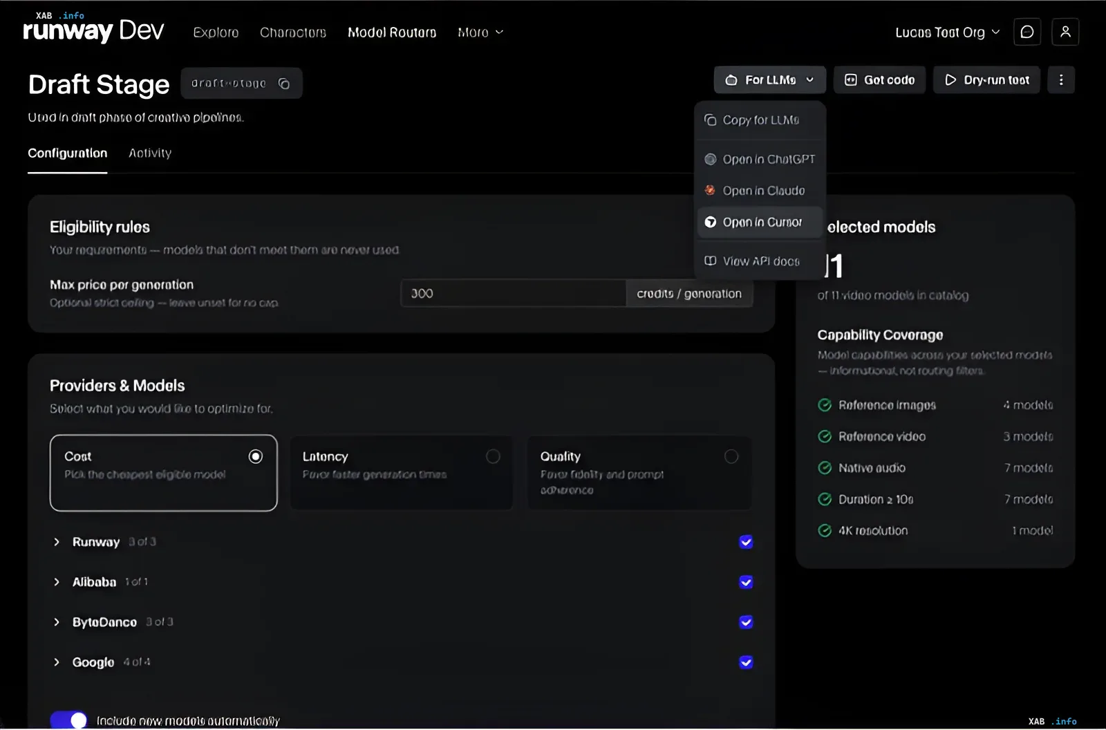 Интерфейс Media Router от Runway с выбором провайдеров: Google, Alibaba, ByteDance и Runway для оптимизации стоимости генерации