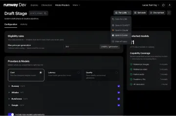 Інтерфейс Media Router від Runway з вибором провайдерів: Google, Alibaba, ByteDance та Runway для оптимізації вартості генерації