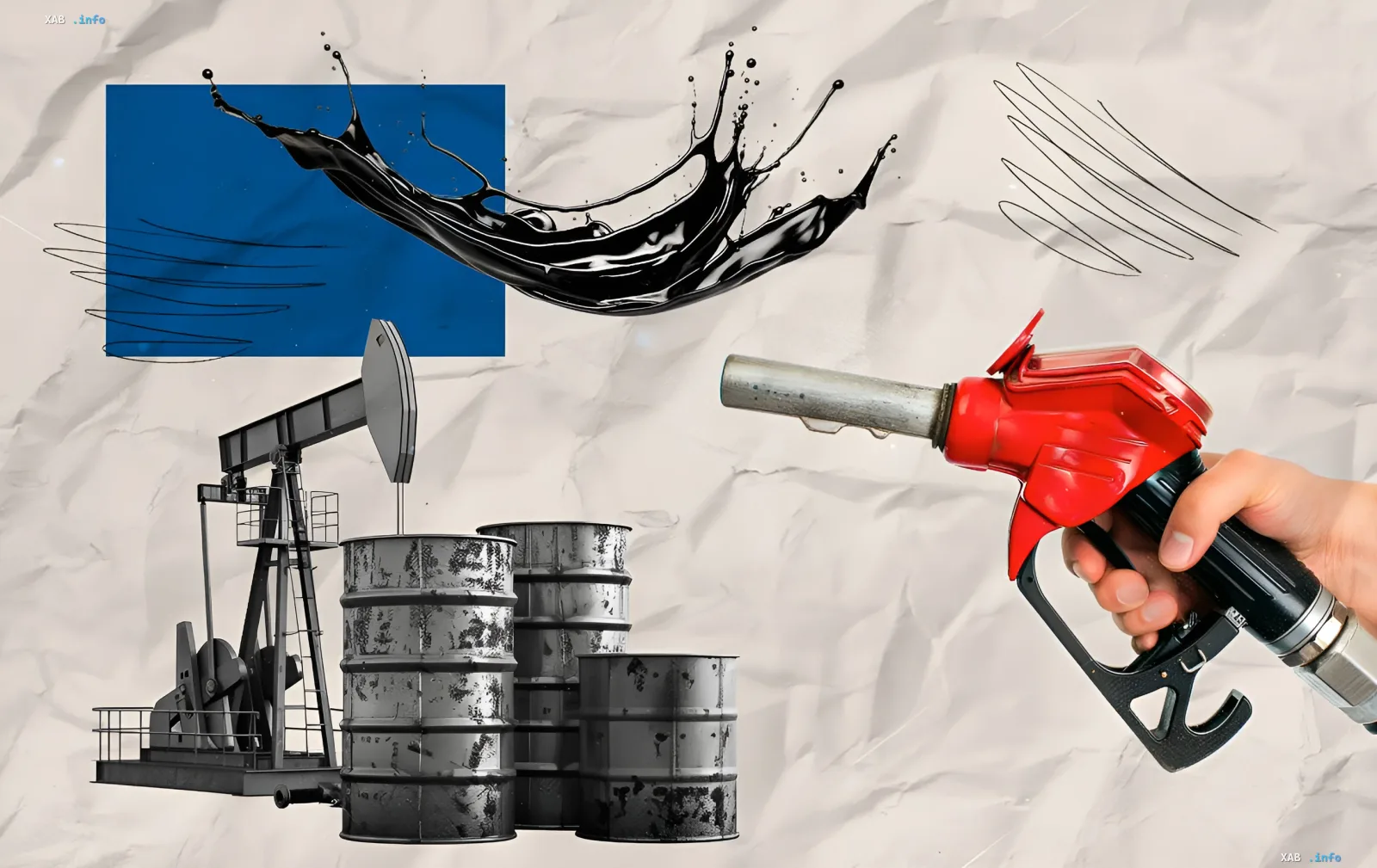 Рост цен на топливо в Украине: нефтяная вышка, бочки с нефтью и пистолет заправки бензина