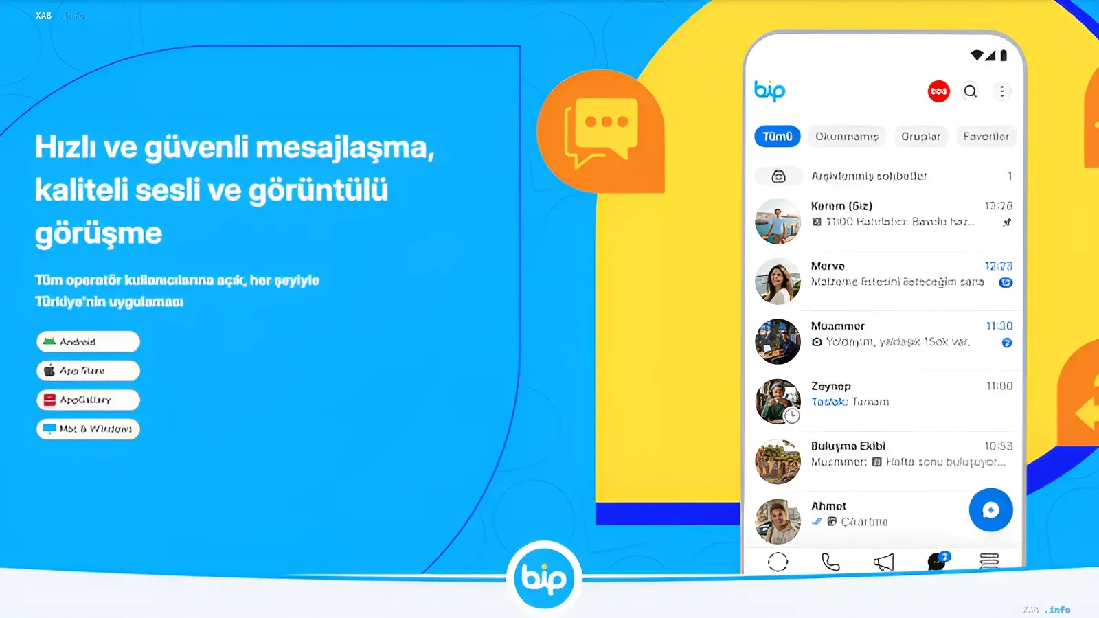 Interface of Turkish messenger BiP showing chats and call buttons, highlighting its functionality as a WhatsApp competitor in Russia