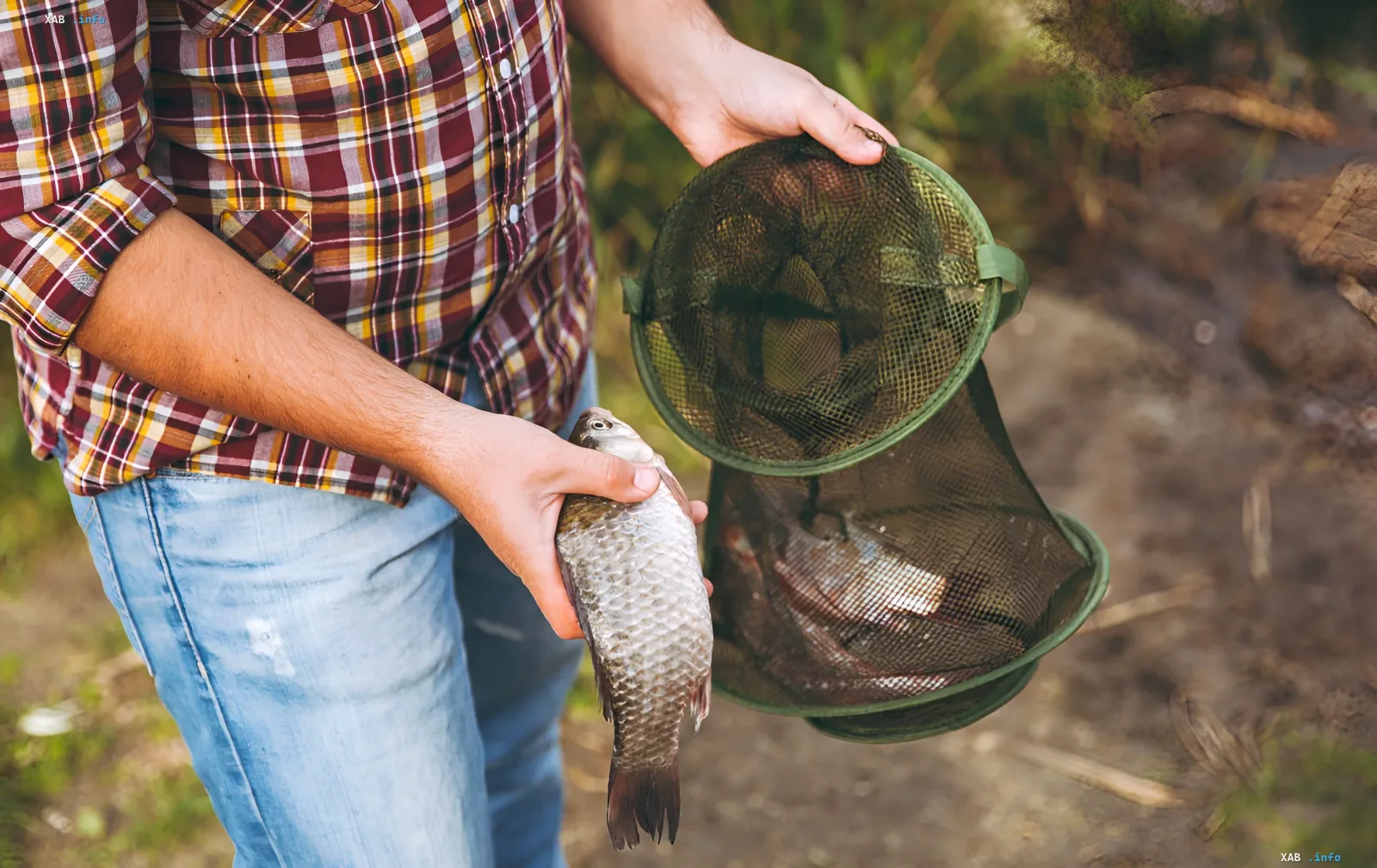 Fisherman holding a caught fish and a net with catch, illustrating fishing regulations and fines in Ukraine