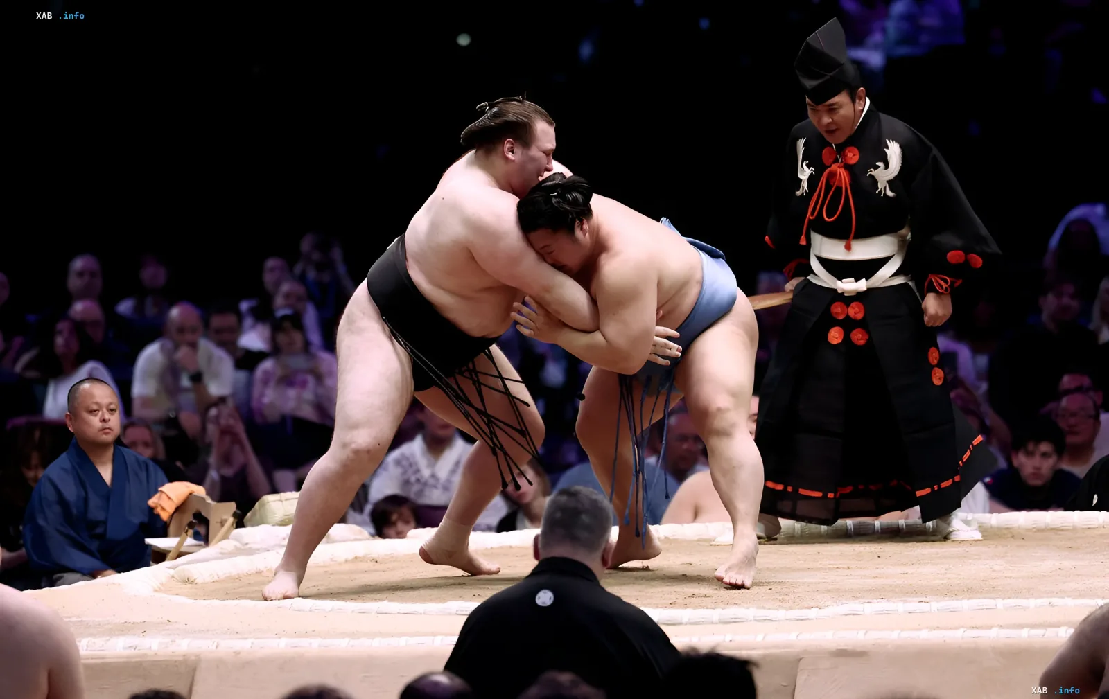 Украинский сумоист Аонишики в схватке на турнире Nagoya Basho, борется за лидерство и Кубок Императора