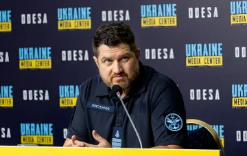 Dmytro Pletenchuk at a press conference in Odesa discussing security in the Black Sea