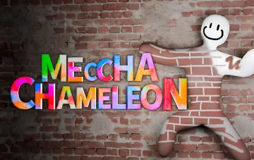 Логотип Meccha Chameleon на фоне кирпичной стены с силуэтом человека, символизирующим кибератаку и взлом в Steam и Discord