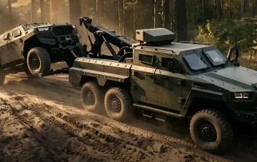 Ukrainian tow truck INGUAR-4 towing an armored vehicle through a forest road, showcasing the power and mobility of the new BRAM on the front line