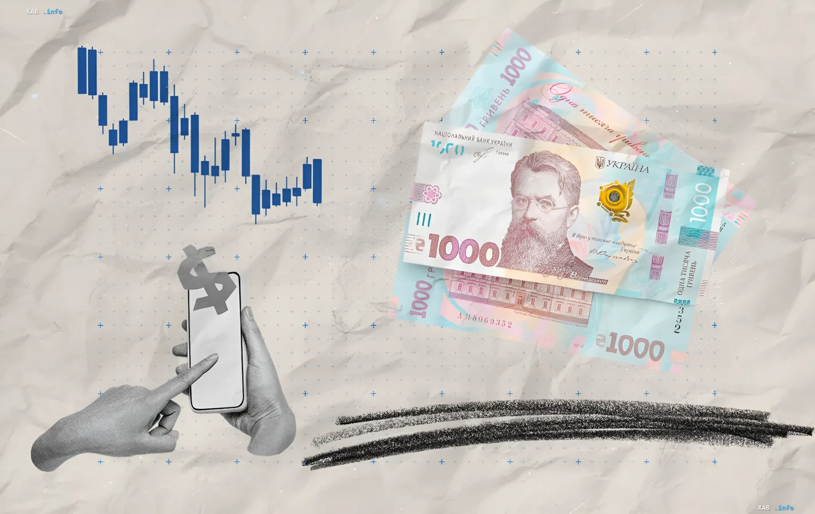 Diagramm zeigt Währungskursanstieg und Griwnja-Banknoten im Kontext der Analyse des offiziellen Dollar- und Euro-Kurses in der Ukraine am 28. Juli