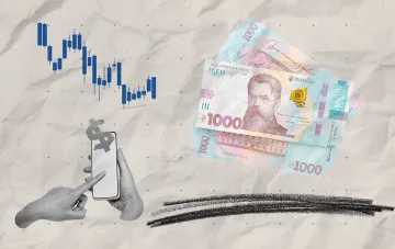 Diagramm zeigt Währungskursanstieg und Griwnja-Banknoten im Kontext der Analyse des offiziellen Dollar- und Euro-Kurses in der Ukraine am 28. Juli