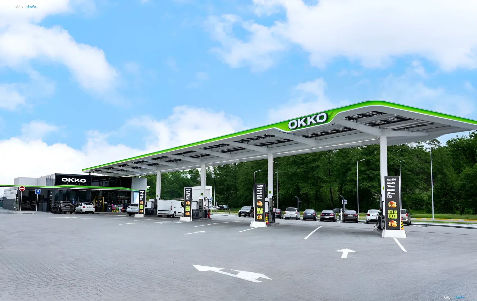 Modern OKKO gas station with a multifunctional service hub where cars are refueled and receive additional services