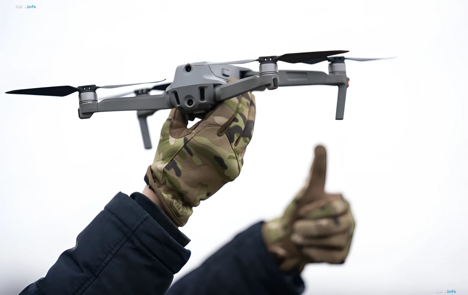 Military personnel in camouflage gloves holding a drone, symbolizing the US lag in drone production compared to Ukraine