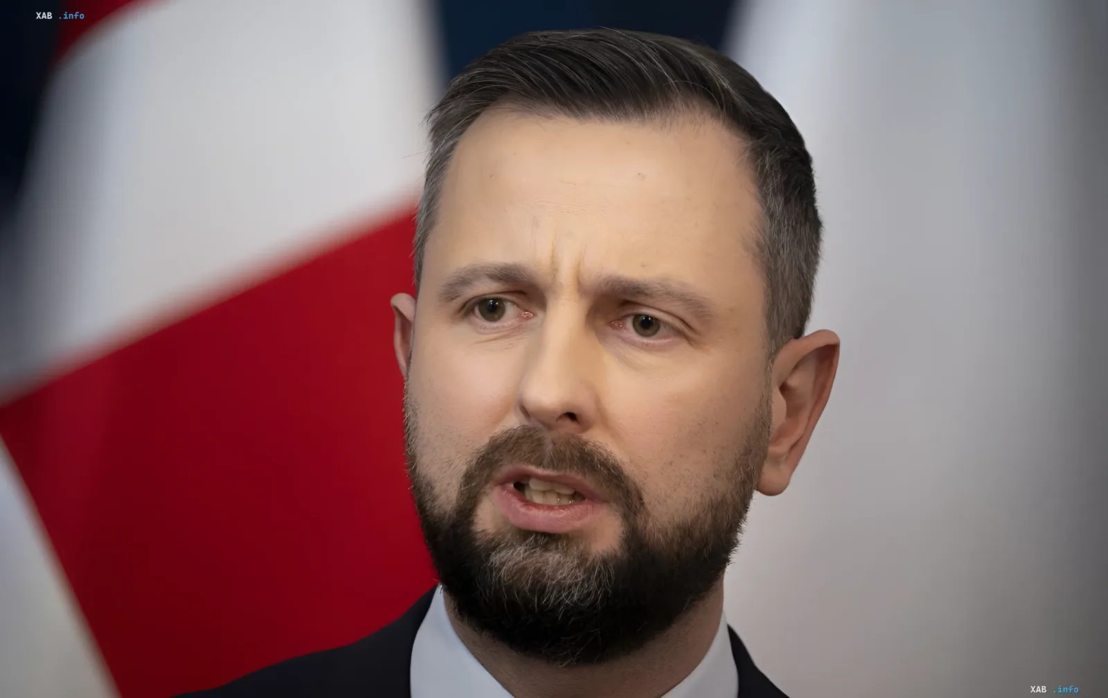 Польский министр в костюме на фоне флага Польши, обсуждает поставку МиГ-29 и ультиматум Киеву