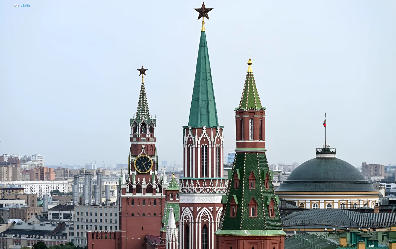 Moskauer Kremltürme mit roten Sternen vor grauem Himmel — Symbol des russischen Staates in Zeiten wirtschaftlicher Krise und Kapitalflucht in Kryptowährungen