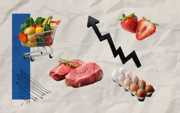Kollage von Lebensmitteln: ein Korb mit Gemüse, Fleisch, Eiern und Erdbeeren, sowie ein Pfeil für steigende Preise, der Preisänderungen in ukrainischen Supermärkten veranschaulicht