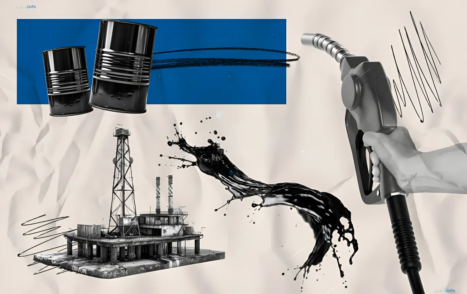 Graphic illustration of fuel price stabilization in Ukraine: oil barrels, offshore platform and gas pump nozzle with black liquid, symbolizing gasoline market dynamics as of July 27