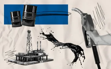 Graphic illustration of fuel price stabilization in Ukraine: oil barrels, offshore platform and gas pump nozzle with black liquid, symbolizing gasoline market dynamics as of July 27