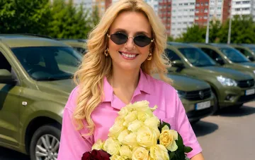 Ирина Федишин с букетом желтых роз на фоне автомобилей, отмечая 20-летие брака с Виталием Челноком