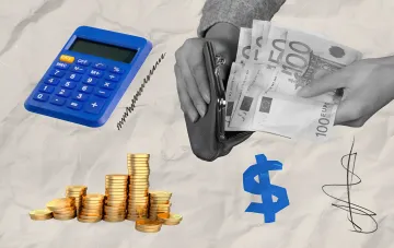 Dollar rate increase: calculator, stacks of gold coins, and euros in hands — symbols of currency fluctuations and new NBU commemorative coins