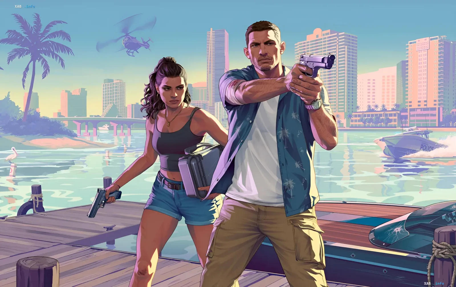 Главный герой и героиня GTA 6 с оружием на фоне Вайс-Сити, иллюстрирующие новости о региональной блокировке кодов активации на PS5