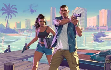 Главный герой и героиня GTA 6 с оружием на фоне Вайс-Сити, иллюстрирующие новости о региональной блокировке кодов активации на PS5