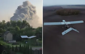 Слева — мощный столб дыма после удара дрона FP-1 по складу 3PL в Коледино, справа — украинский дрон FP-1 в полёте над полем
