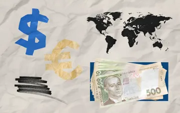 Символы доллара и евро на фоне карты мира и украинских гривен 500 — визуализация роста курсов валют на рынке Украины 28 июля