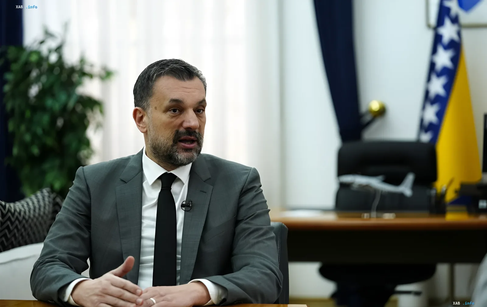 Представитель Боснии и Герцеговины в офисе с флагом страны, обсуждающий критику ЕС за двойные стандарты в отношении Украины