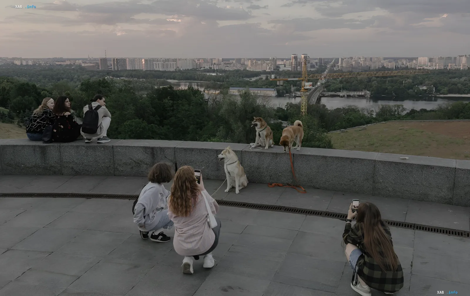 Люди с собаками на фоне закатного неба над городом, иллюстрирующее предупреждение о грозах на востоке Украины