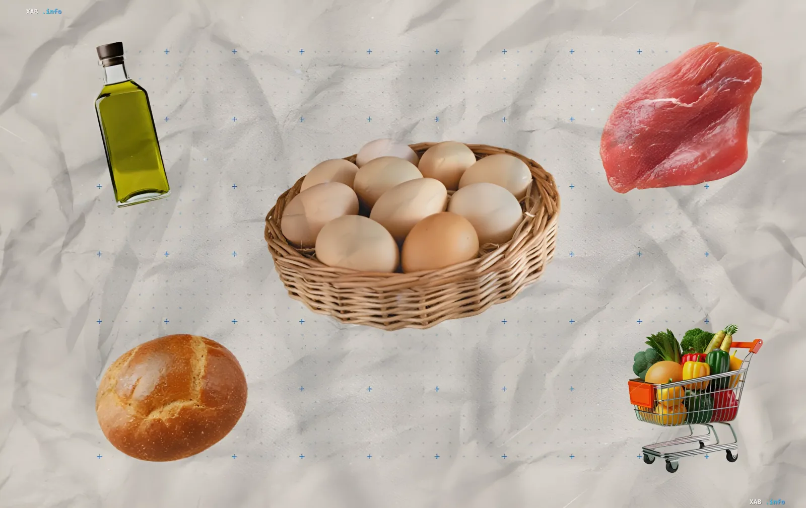 Корзина с яйцами, бутылка оливкового масла, хлеб, мясо и тележка с овощами — продукты, цены на которые выросли в украинских супермаркетах 29 июля