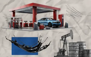 Современная АЗС с синим автомобилем и нефтяной вышкой, иллюстрирующая рост цен на дизель и газ в Украине