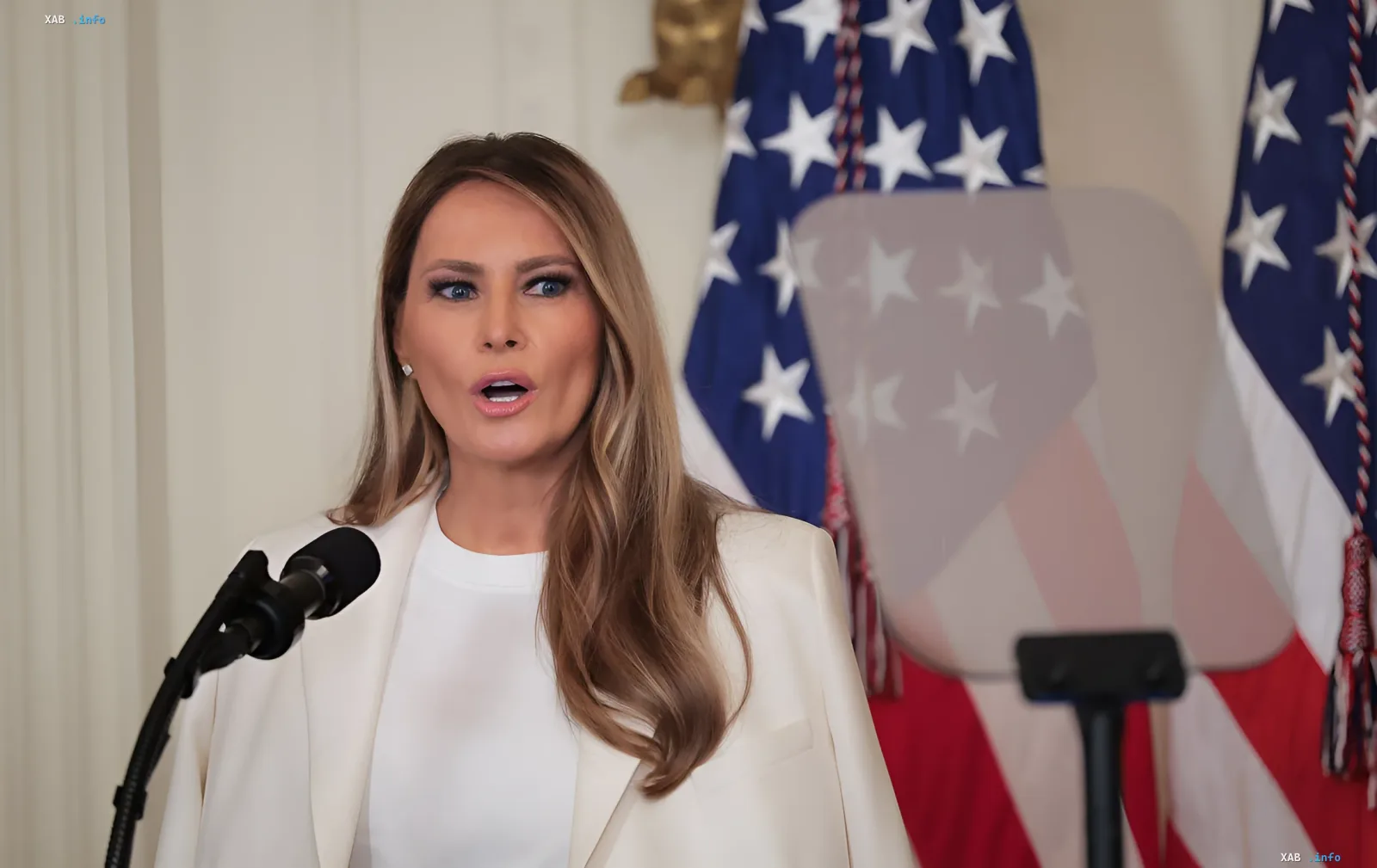Мелания Трамп выступает с речью на фоне американских флагов, обсуждая гуманитарную миссию по возвращению украинских детей домой