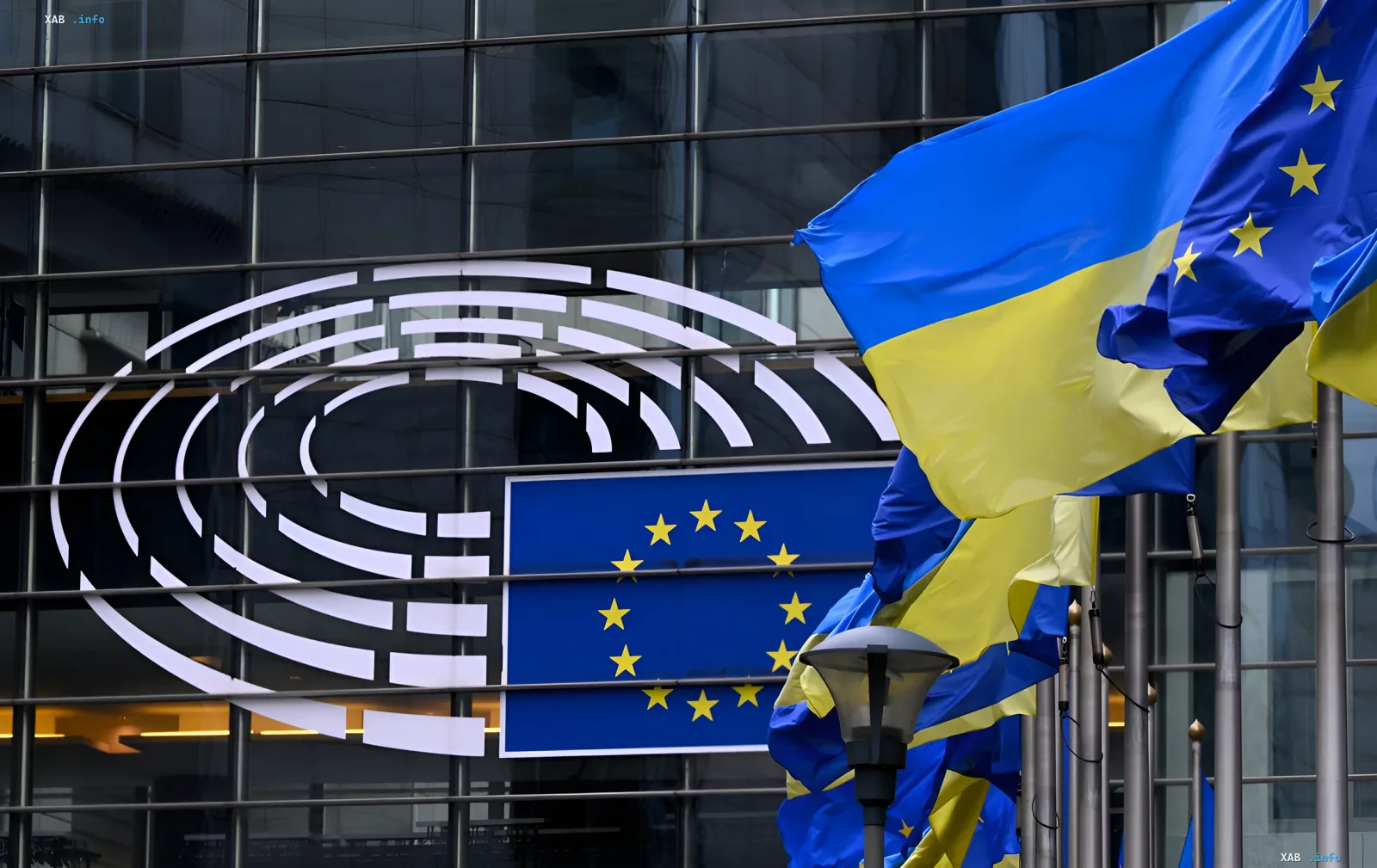 Флаги Украины и Европейского Союза перед зданием Совета ЕС, символизирующие обновленный план поддержки Украины на 2026 год