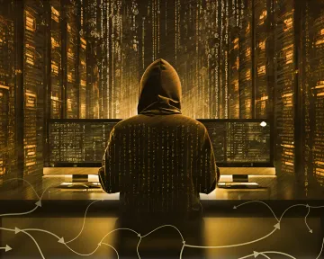 Anonymer Hacker in Kapuze vor Monitoren mit Code, Symbol für Krypto-Betrug, der Amerikaner um 80 Mrd. Dollar betrog