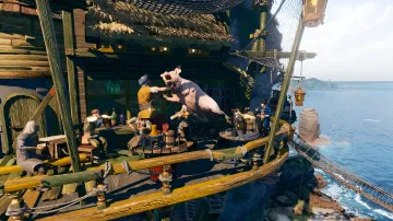 Скриншот из игры Corsair Cove: пиратская деревня на скалистом берегу с таверной, где персонажи общаются, а свинья прыгает в воздух — градостроительная стратегия от создателей Tropico 6