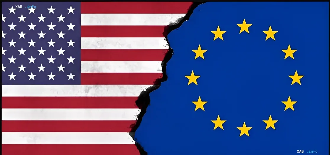 Флаг США и флаг Евросоюза, разделенные трещиной, символизирующие экономический переворот и обгон Еврозоны США по росту ВВП