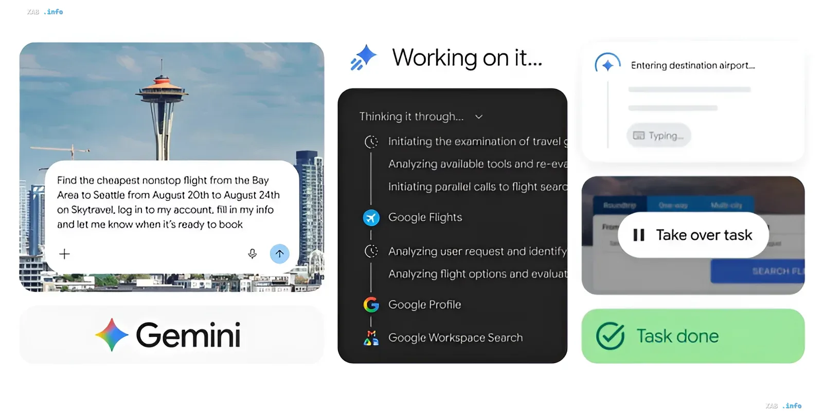 Gemini Spark AI agent interface in Chrome automating flight search to Seattle and auto-filling Skytravel booking form