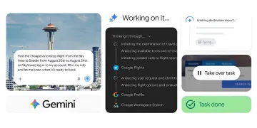 Gemini Spark AI agent interface in Chrome automating flight search to Seattle and auto-filling Skytravel booking form