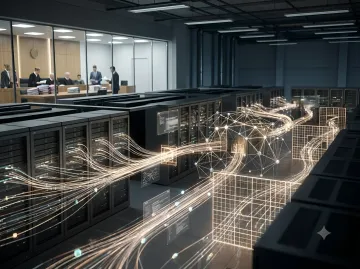 Server room with data streams and courtroom in background — visualizing Google’s ongoing legal battle against SerpApi
