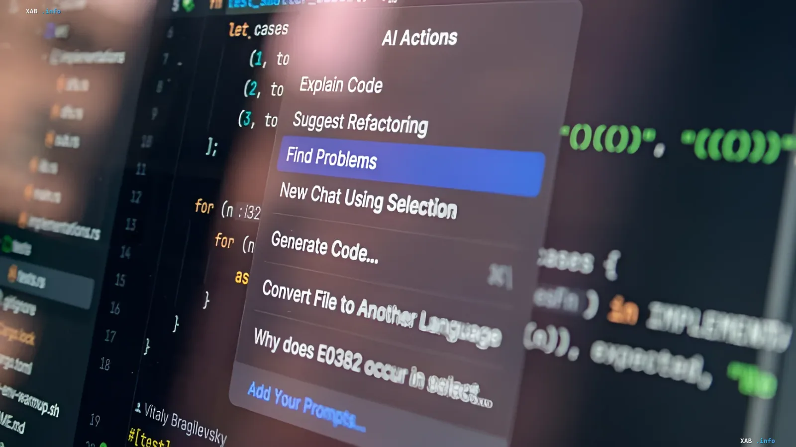 KI-Assistent-Interface im Code-Editor mit der Option 'Find Problems', das die automatische Erkennung von Schwachstellen im Quellcode veranschaulicht — ein Schlüsselelement des Cybersicherheits-Paradoxons 2026