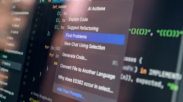 KI-Assistent-Interface im Code-Editor mit der Option 'Find Problems', das die automatische Erkennung von Schwachstellen im Quellcode veranschaulicht — ein Schlüsselelement des Cybersicherheits-Paradoxons 2026