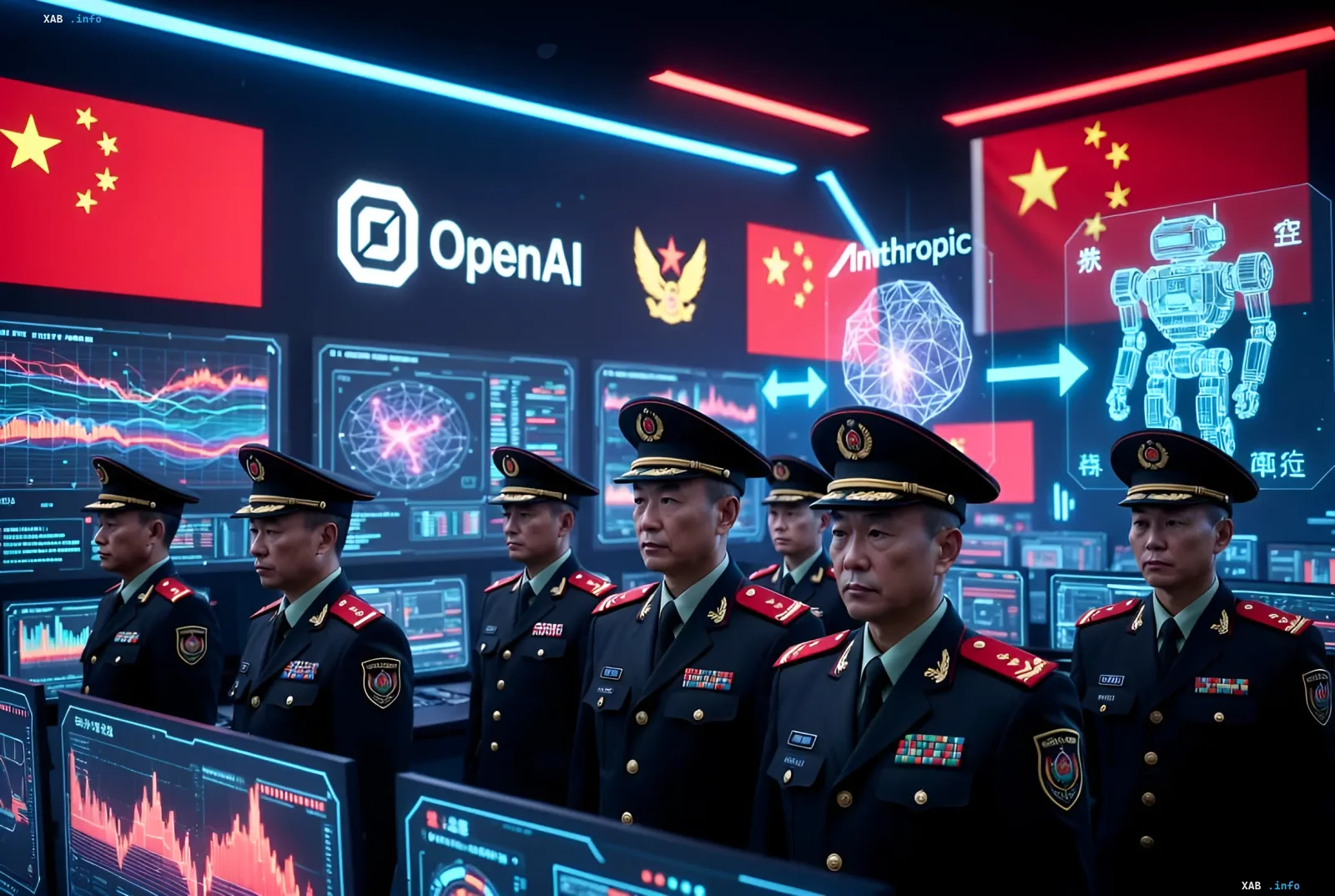 Chinesische Militärs in einem digitalen Kommandozentrum mit Logos von OpenAI und Anthropic auf Bildschirmen, was die Integration westlicher KI-Technologien in das chinesische Verteidigungssystem symbolisiert