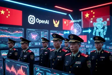 Chinesische Militärs in einem digitalen Kommandozentrum mit Logos von OpenAI und Anthropic auf Bildschirmen, was die Integration westlicher KI-Technologien in das chinesische Verteidigungssystem symbolisiert