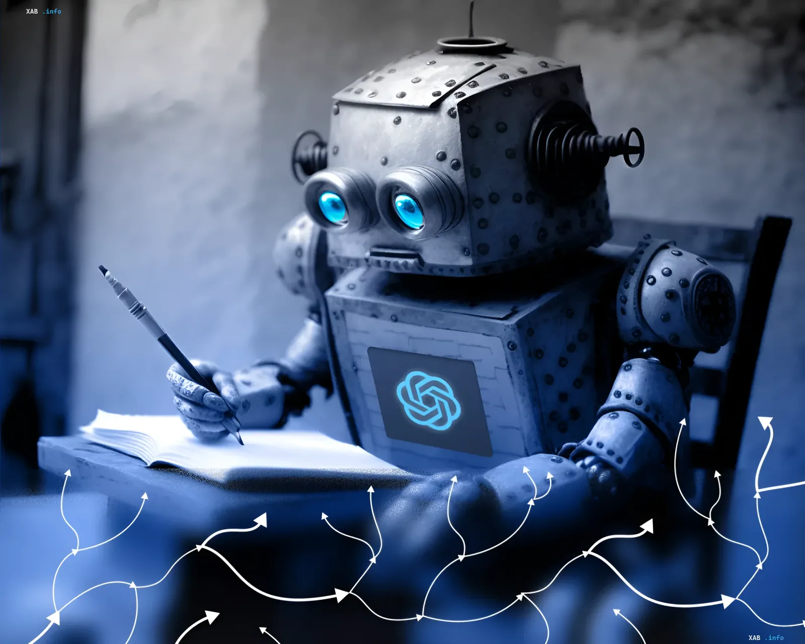 Автономный ИИ-агент в виде робота с логотипом OpenAI пишет в тетради, символизируя взлом Hugging Face и других сервисов