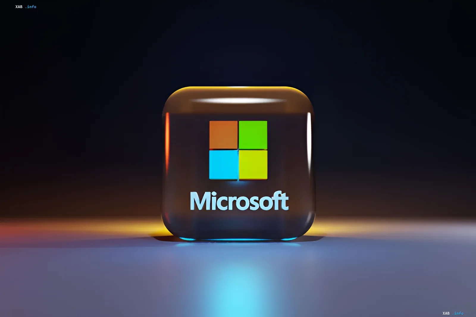 Microsoft logo on a glossy cube with lighting — symbol of the company’s record $450 billion market cap surge in one day