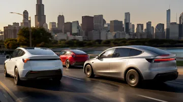Флот Tesla Model Y на фоне чикагского небоскреба: символ 10-миллионного электромобиля и амбиций Маска
