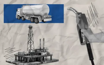 Рост цен на дизель в Украине: цистерна с топливом, нефтедобывающая платформа и пистолет АЗС на фоне графика