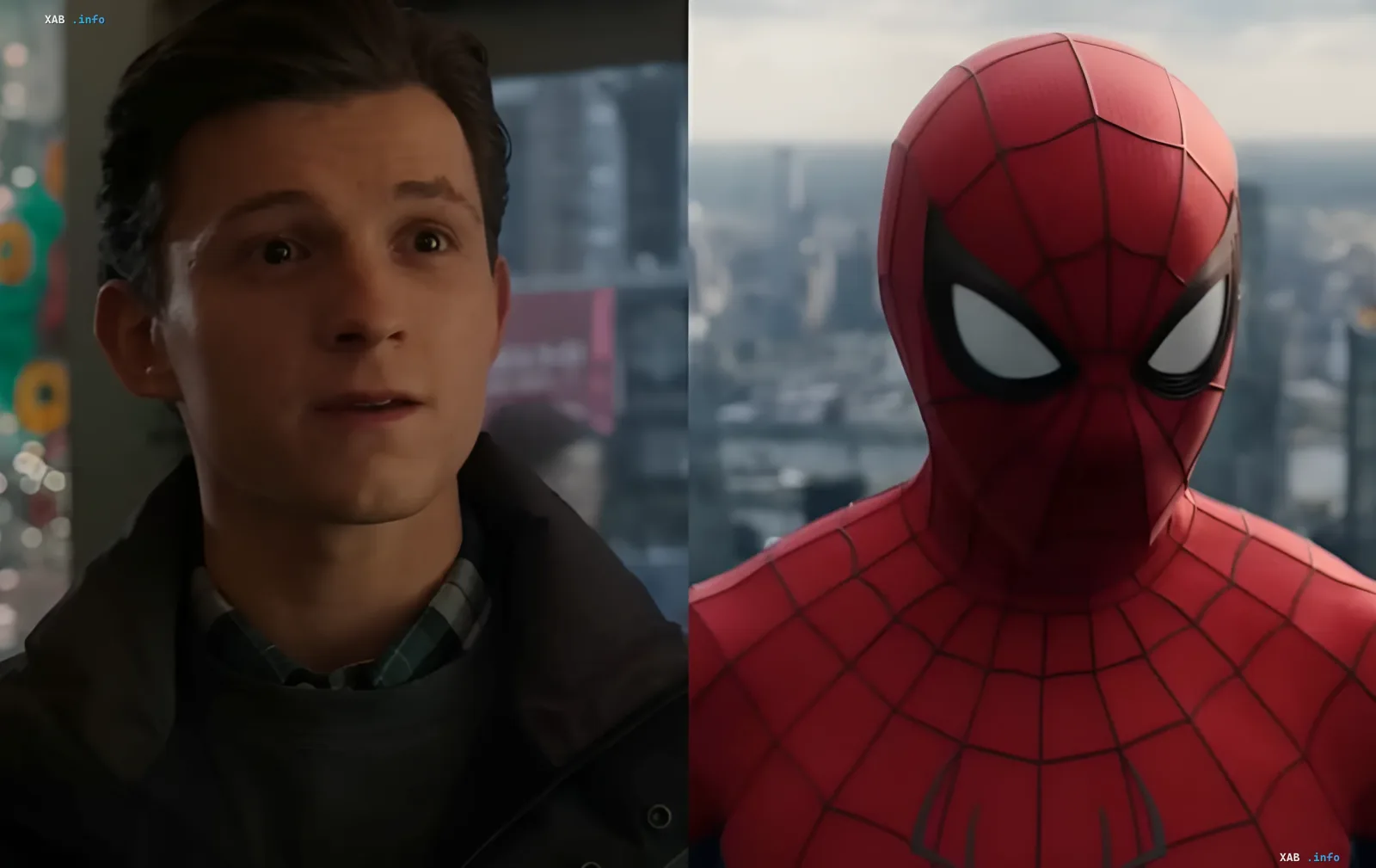 Tom Holland as Peter Parker and in the Spider-Man suit, movie Spider-Man: New Day