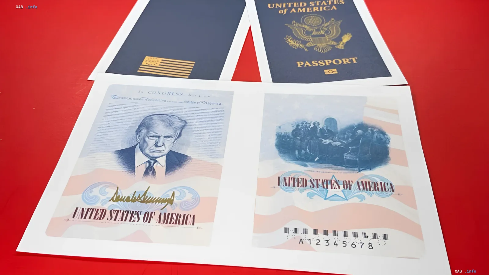 Макет нового американского паспорта с изображением Дональда Трампа и надписью 'Паспорт патриота', лежащий рядом с традиционным паспортом США на красном фоне